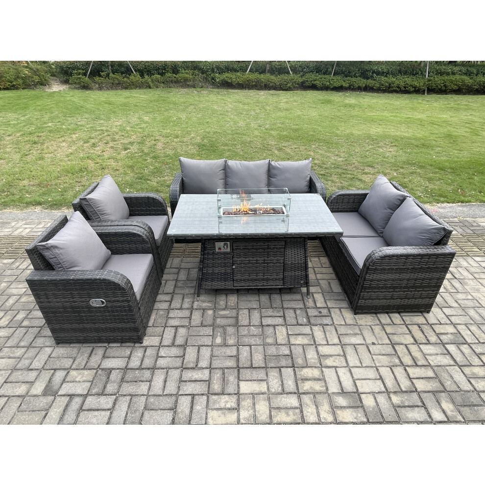 Garden Patio Furniture Wicker Rattan Gas Fire Pit Table and Sofa Chair set Dark Grey Mixed