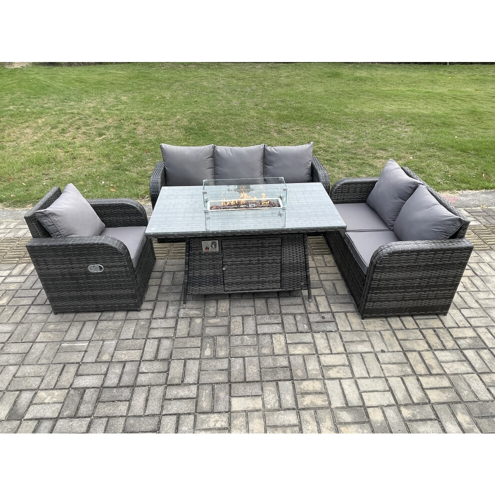 Rattan Garden Furniture Set with Fire Pit Table 6 Seater Outdoor Lounge Sofa Set Dark Grey Mixed