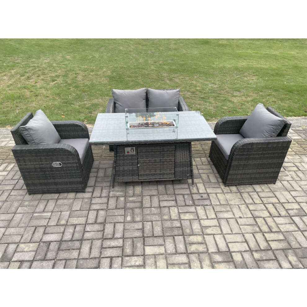 Rattan Outdoor Garden Furniture Sofa Set Gas Fire Pit Dining Table Gas Heater with Love Sofa 2 Recling Chair Dark Grey Mixed