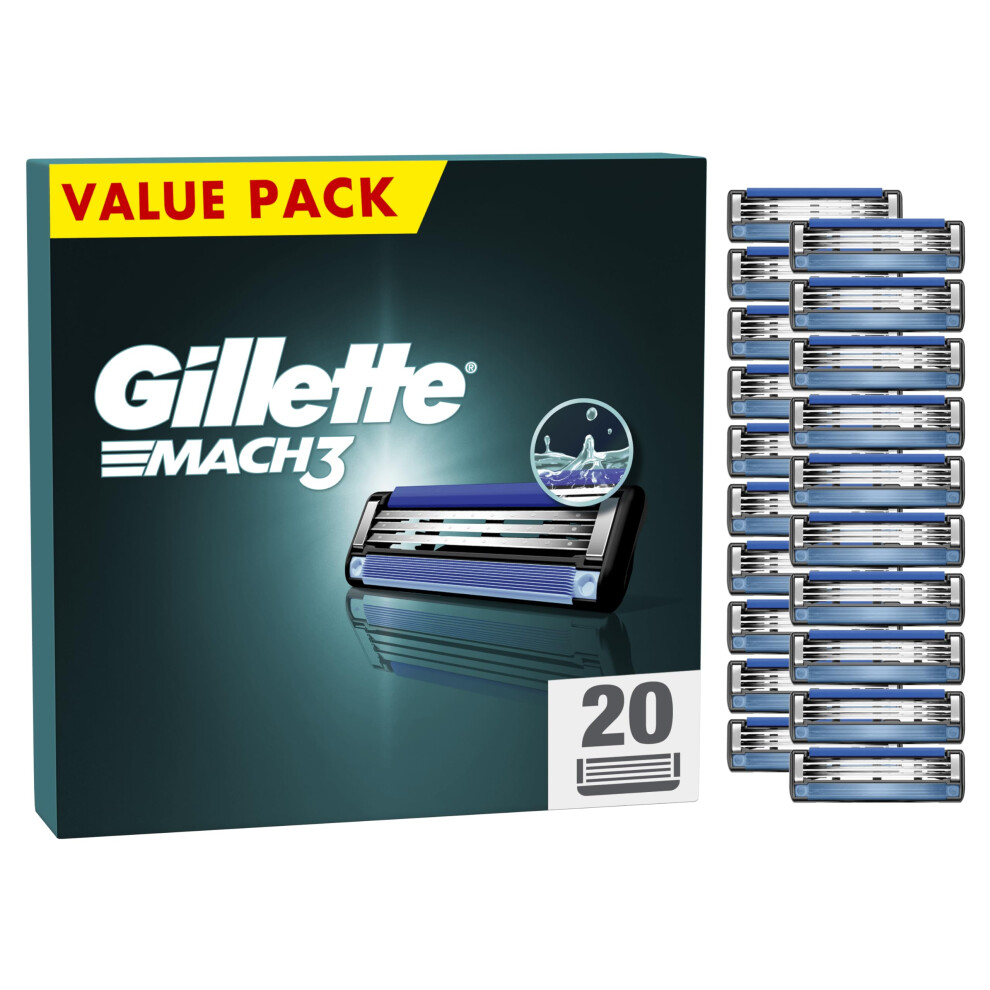 Gillette Mach3 Razor Blades Men, Pack of 20 Razor Blade Refills, Upgraded Lubrastrip for an Enhanced Glide