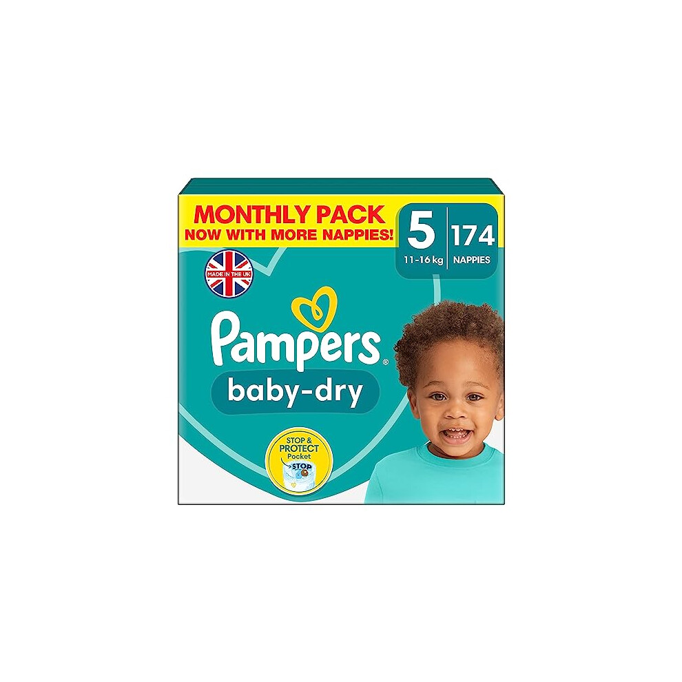 Pampers Baby-Dry Taped Nappies, Size 5 (11 - 16kg) 174 Count, MONTHLY SAVING PACK, Stop and Protect Pocket for Leak Free Protection