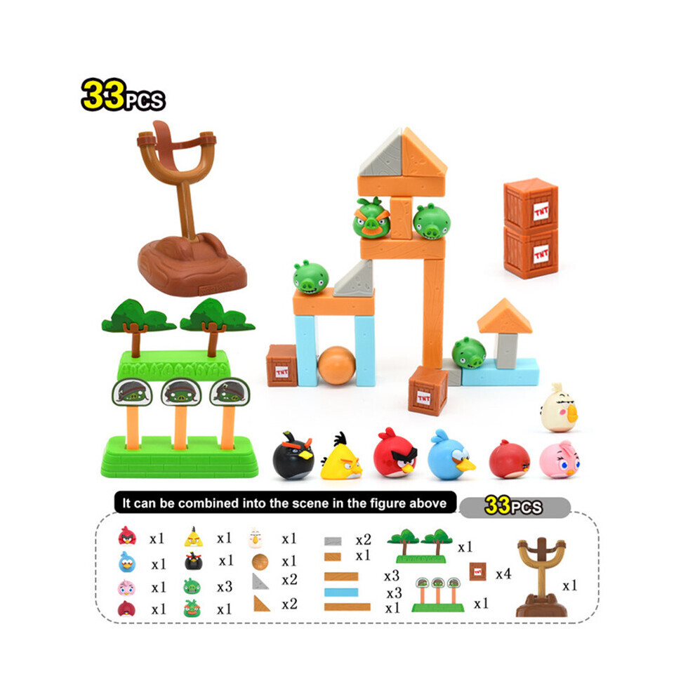 (Four Boxes Set, 33Pcs) 33Pcs Rage Birds Building Blocks Catapult Slingshot Angry Red Chuck Bomb Cute Bad Piggies Toy