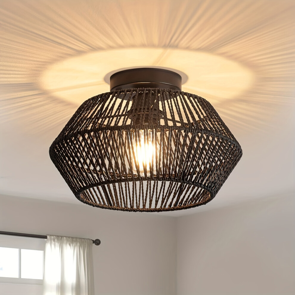 (Black) 1pc Boho Flush Mount Ceiling Light, 32.0cm Hand-Worked Rattan Light Fixture