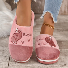 (pink, 5.5-6) Kawaii Elephant Pattern Slippers, Casual Slip On Plush Lined Shoes, Comfortable Indoor Home Slippers