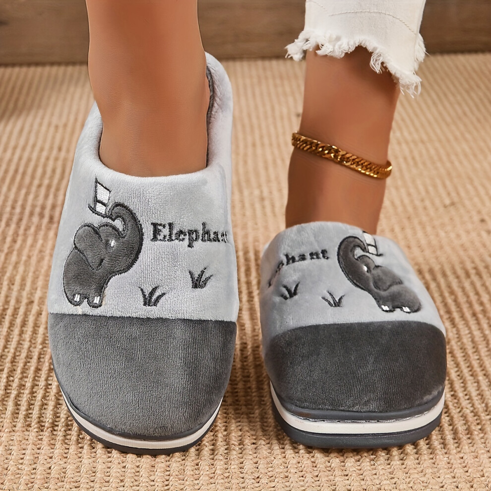 (grey, 5.5-6) Kawaii Elephant Pattern Slippers, Casual Slip On Plush Lined Shoes, Comfortable Indoor Home Slippers