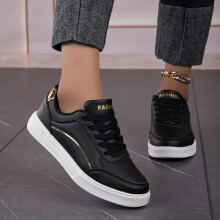 (Black And White Gold, 4.5) Women's White Skate Shoes, Casual Lace Up Outdoor Shoes, Lightweight Low Top Faux Leather Shoes