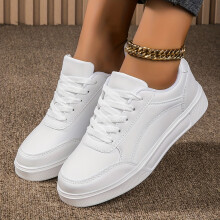 (all white, 6.5) Women's White Skate Shoes, Casual Lace Up Outdoor Shoes, Lightweight Low Top Faux Leather Shoes
