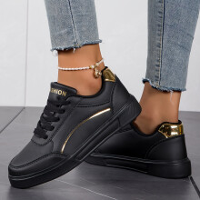 (Black Gold, 6) Women's White Skate Shoes, Casual Lace Up Outdoor Shoes, Lightweight Low Top Faux Leather Shoes
