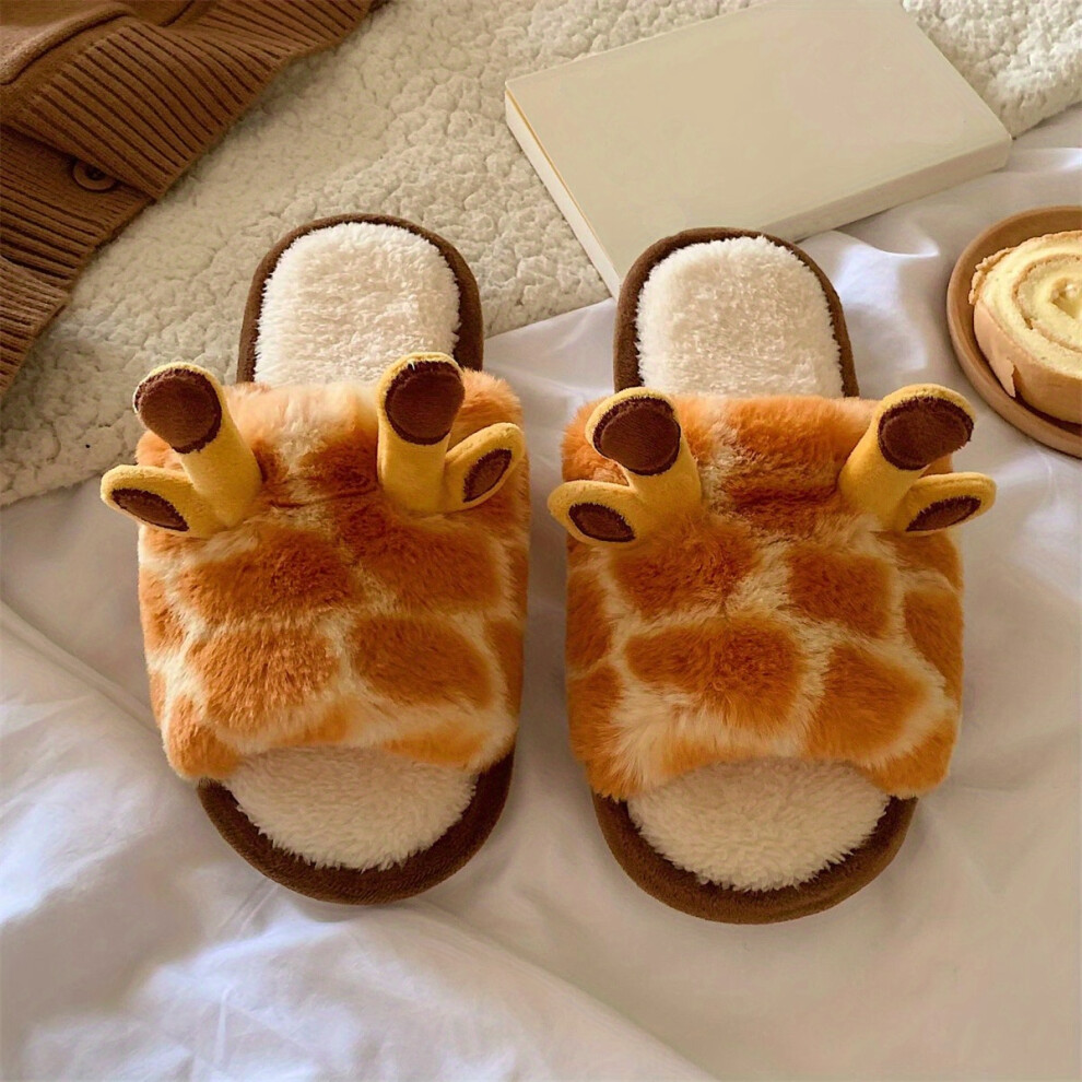 (ginger-colored, 6.5-7) Cartoon Giraffe Novelty Slippers, Fluffy Open Toe Cozy Slip On Shoes, Women's Bedroom Plush Slippers