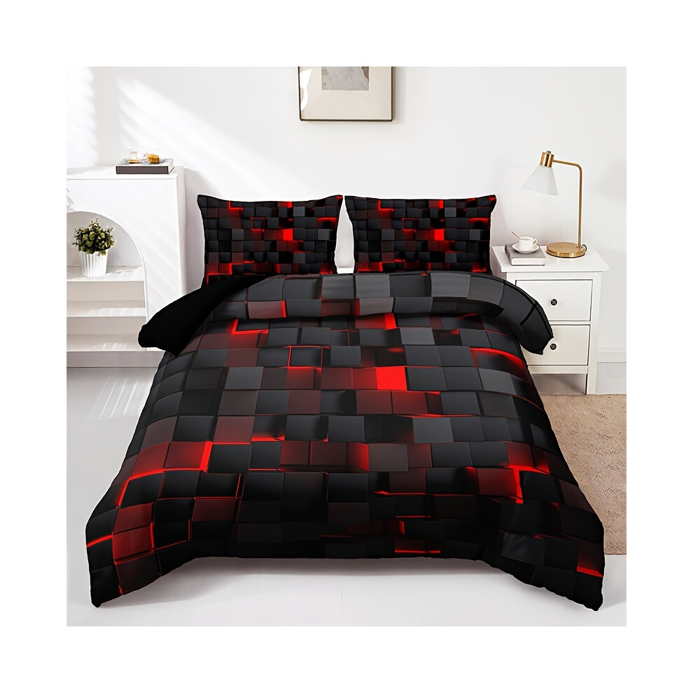 (EJBTTAA018, single(135cm*200cm)) 3pcs Duvet Cover Set (1*Duvet Cover   2*Pillowcase, Without Core), Red Grid Print Bedding Set