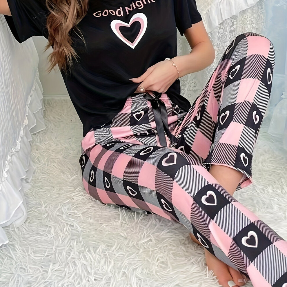 (Black Print, L(12/14)) Heart & Letter Print Pajama Set, Short Sleeve Crew Neck Top & Elastic Waistband Pants, Women's Sleepwear & Loungewear