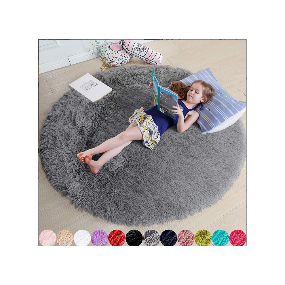 (Grey, 120X120cm) Round Floor Rug Plush Fluffy Area Carpet Bedroom Living Room Mat Anti slip Soft