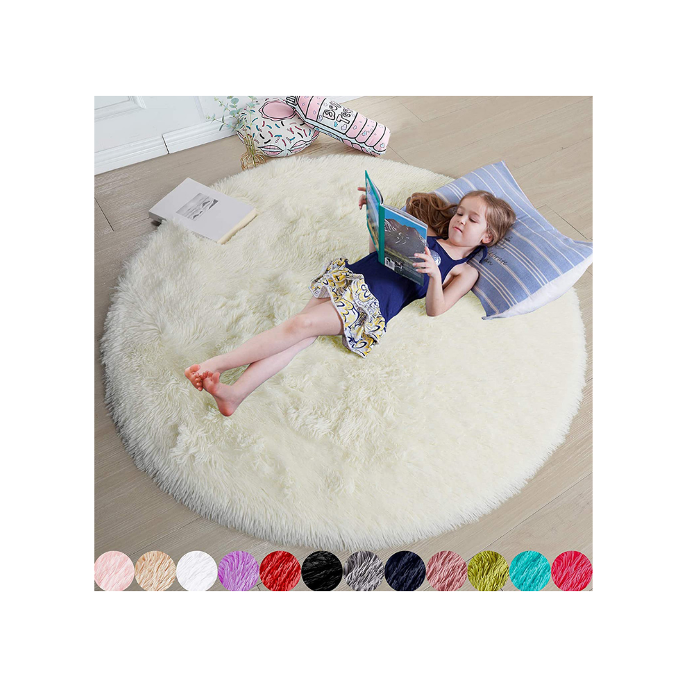 (ivory, 160X160cm) Round Floor Rug Plush Fluffy Area Carpet Bedroom Living Room Mat Anti slip Soft