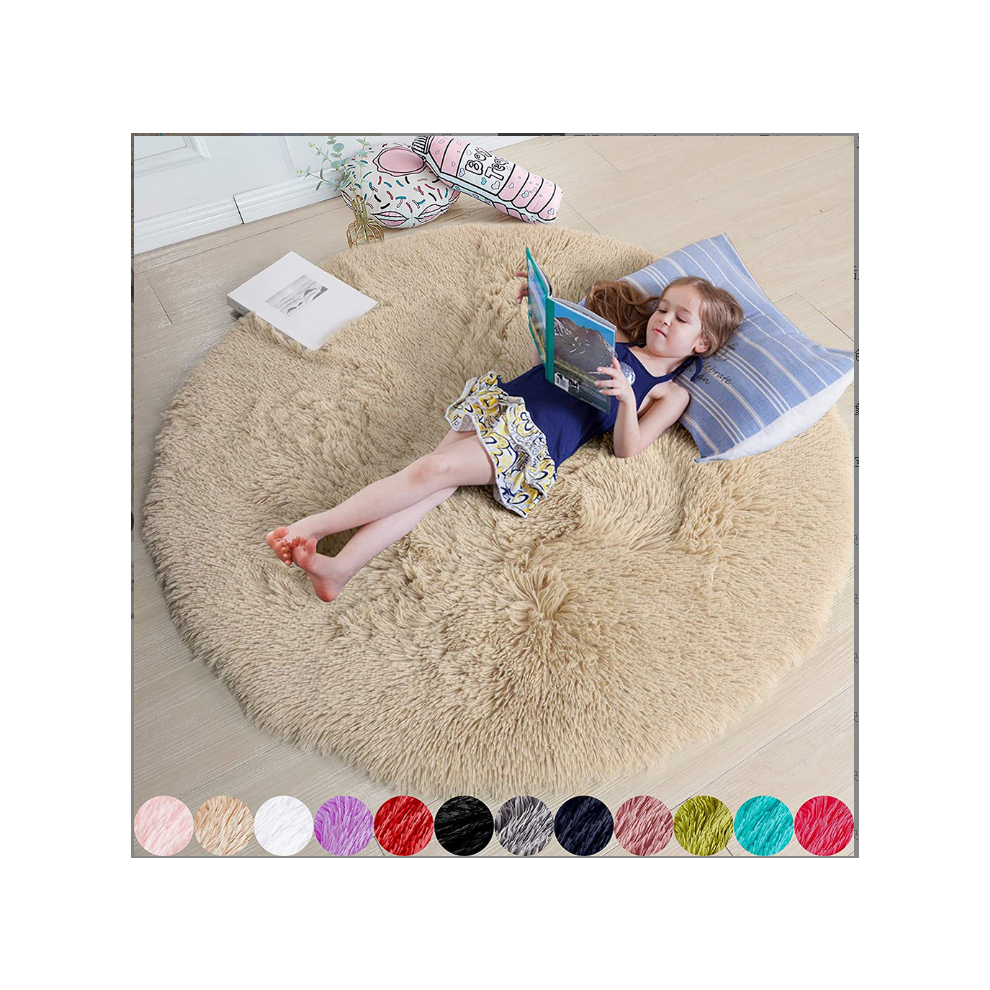 (beige, 120X120cm) Round Floor Rug Plush Fluffy Area Carpet Bedroom Living Room Mat Anti slip Soft