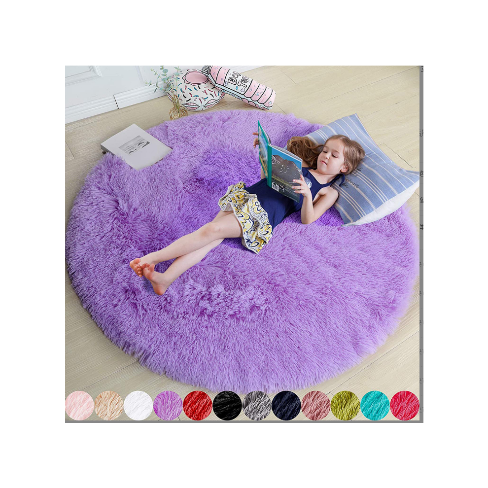 (purple, 60X60cm) Round Floor Rug Plush Fluffy Area Carpet Bedroom Living Room Mat Anti slip Soft