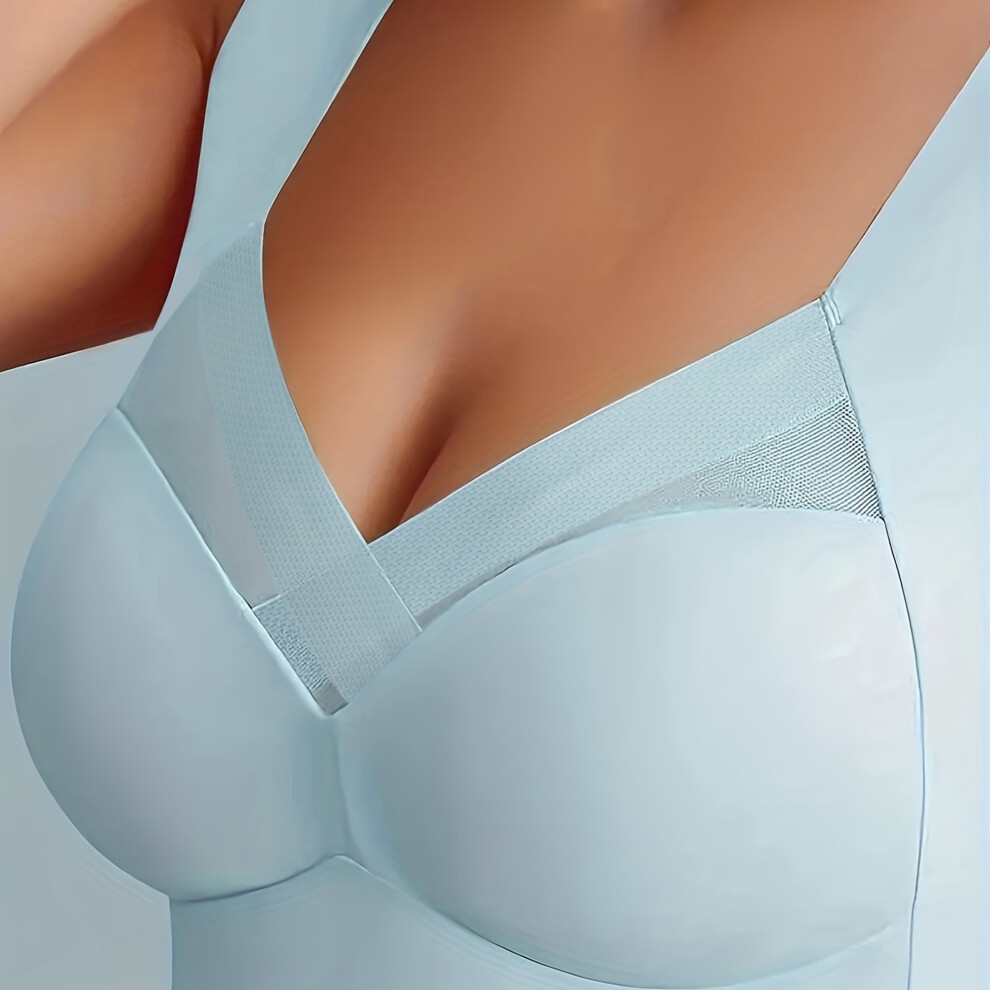 (Light Blue, M) Contrast Mesh Wireless Bra, Comfy & Breathable Push Up Tank Bra, Women's Lingerie & Underwear
