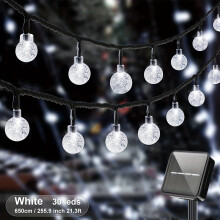 (White, 21.3Ft/30LED/8Mode) 100 LED 19.51meter IP65 Crystal Globe Solar String Lights Outdoor, 8 Lighting Modes, Solar Globe Lights