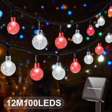 (Red White, 39.3Ft/100LED/8Mode) 100 LED 19.51meter IP65 Crystal Globe Solar String Lights Outdoor, 8 Lighting Modes, Solar Globe Lights