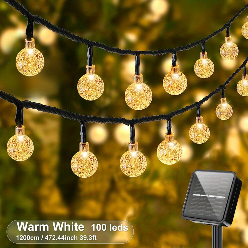 (Warm White, 39.3Ft/100LED/8Mode) 100 LED 19.51meter IP65 Crystal Globe Solar String Lights Outdoor, 8 Lighting Modes, Solar Globe Lights