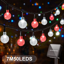 (Red White, 23Ft/50LED/8Mode) 100 LED 19.51meter IP65 Crystal Globe Solar String Lights Outdoor, 8 Lighting Modes, Solar Globe Lights
