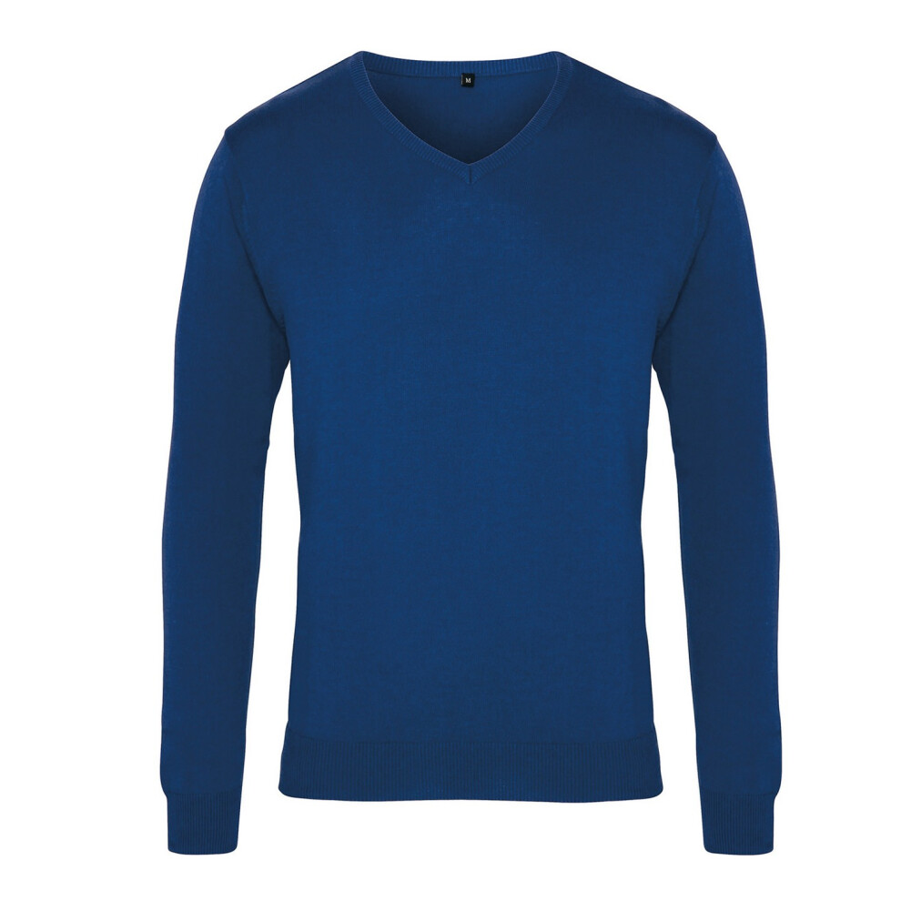 (XS, Royal Blue) Premier Mens Knitted Cotton Acrylic V Neck Sweatshirt