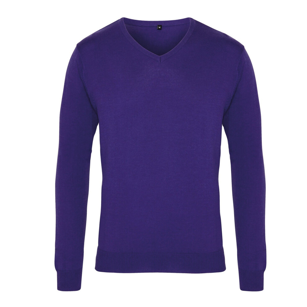 (S, Purple) Premier Mens Knitted Cotton Acrylic V Neck Sweatshirt