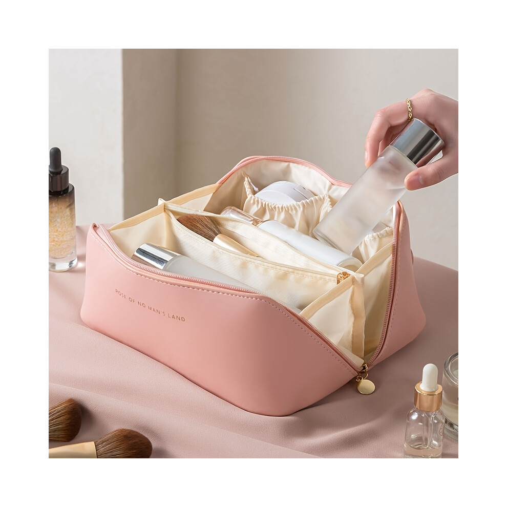 (Pink) PU Makeup Bag With Large Capacity, Multi Functional Travel Storage Bag, Beauty Tools Makeup Box, Waterproof Women's Wash Bag Cosmetic Bag