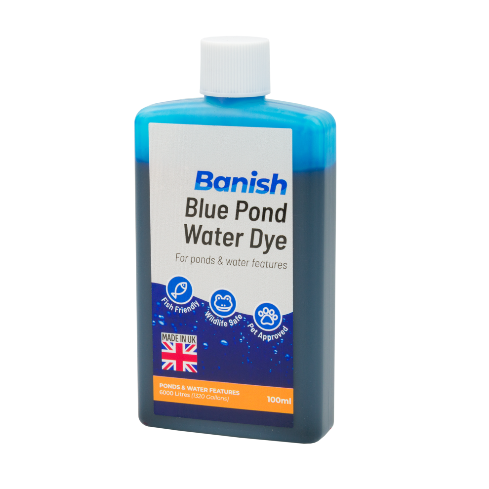 (Blue, 100ml) Banish Pond Dye Water Colour Blue Black Grey Algae Control Stop Blanketweed