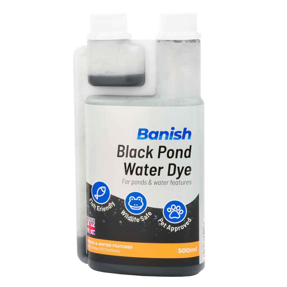 (Black, 500ml) Pisces Banish Pond Dye Water Colour Blue Black Grey Algae Control Stop Blanketweed for Features Greenwater Treatment Fish Safe Natural Garden
