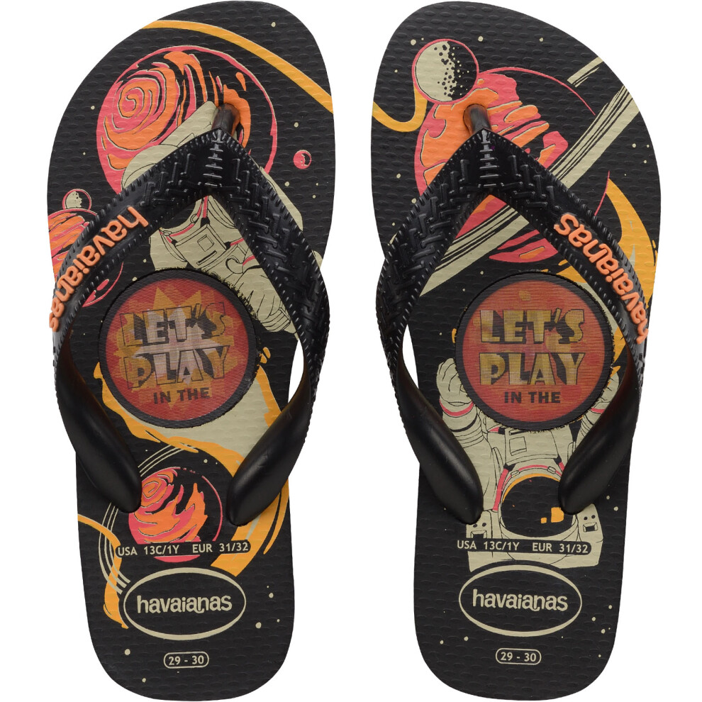 (13K UK, Black) Havaianas Kids Top Holographic Graphic Summer Flip Flops Sandals - Black