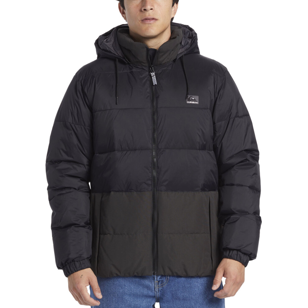 (L, Black) Quiksilver Mens Wolfs Shoulder Hooded Winter Padded Puffer Jacket - Black