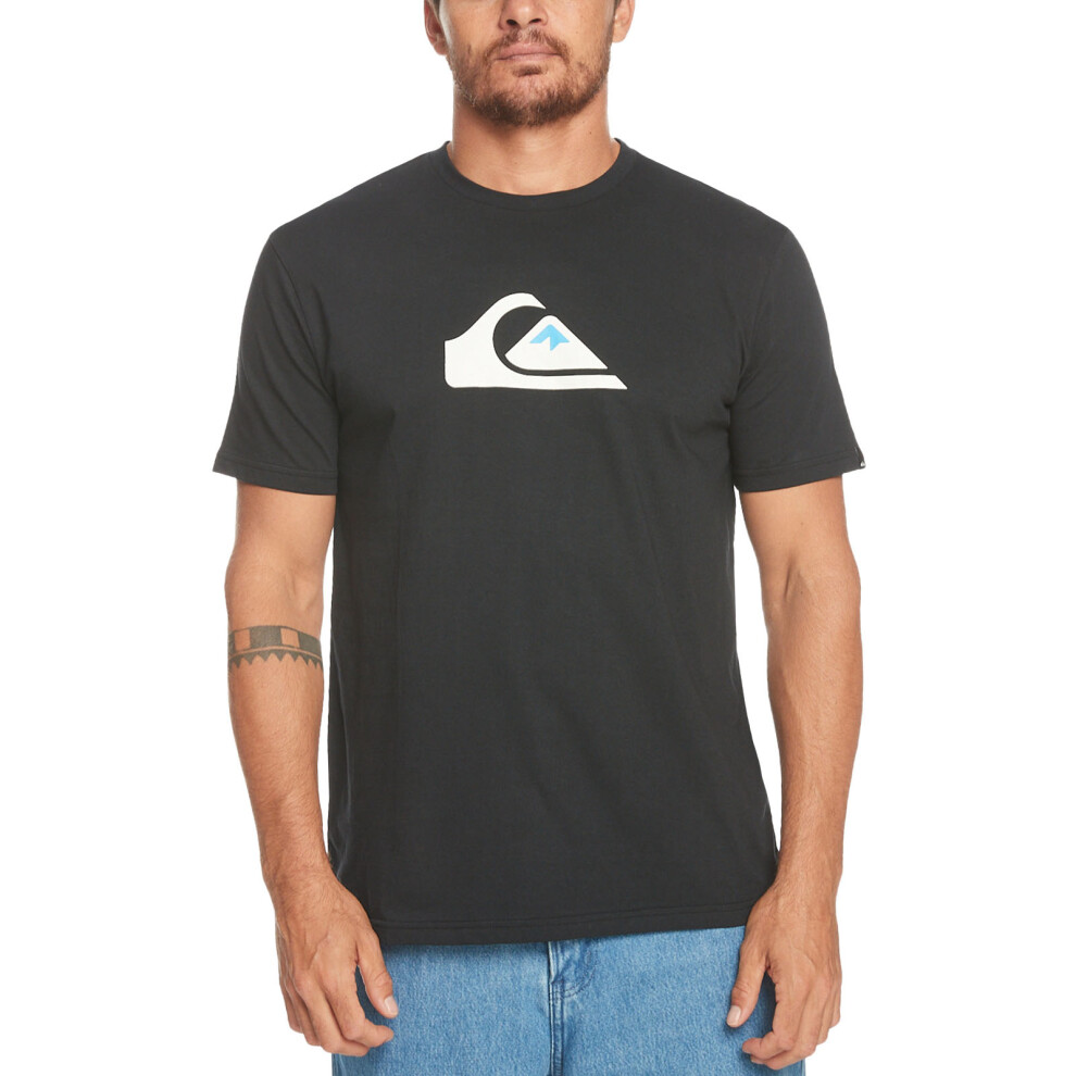 (S, Black) Quiksilver Mens Comp Logo Casual Crew Neck Cotton T-Shirt Top Tee