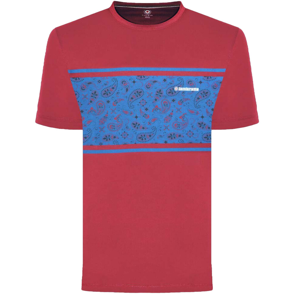 (S, Burgundy) Lambretta Mens Paisley Panel Crew Neck Short Sleeve Retro T-Shirt Tee Top