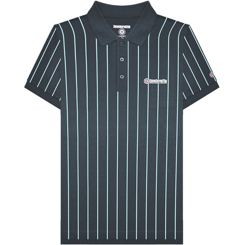 (S, Navy) Lambretta Mens Pinstripe Short Sleeve 3 Button Placket Cotton Polo Shirt Top