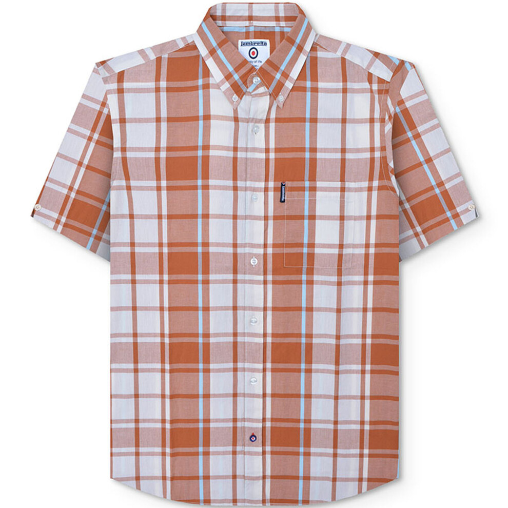 (S, Rust/White) Lambretta Mens Short Sleeve Cotton Check Button Down Collar Shirt - Rust/White