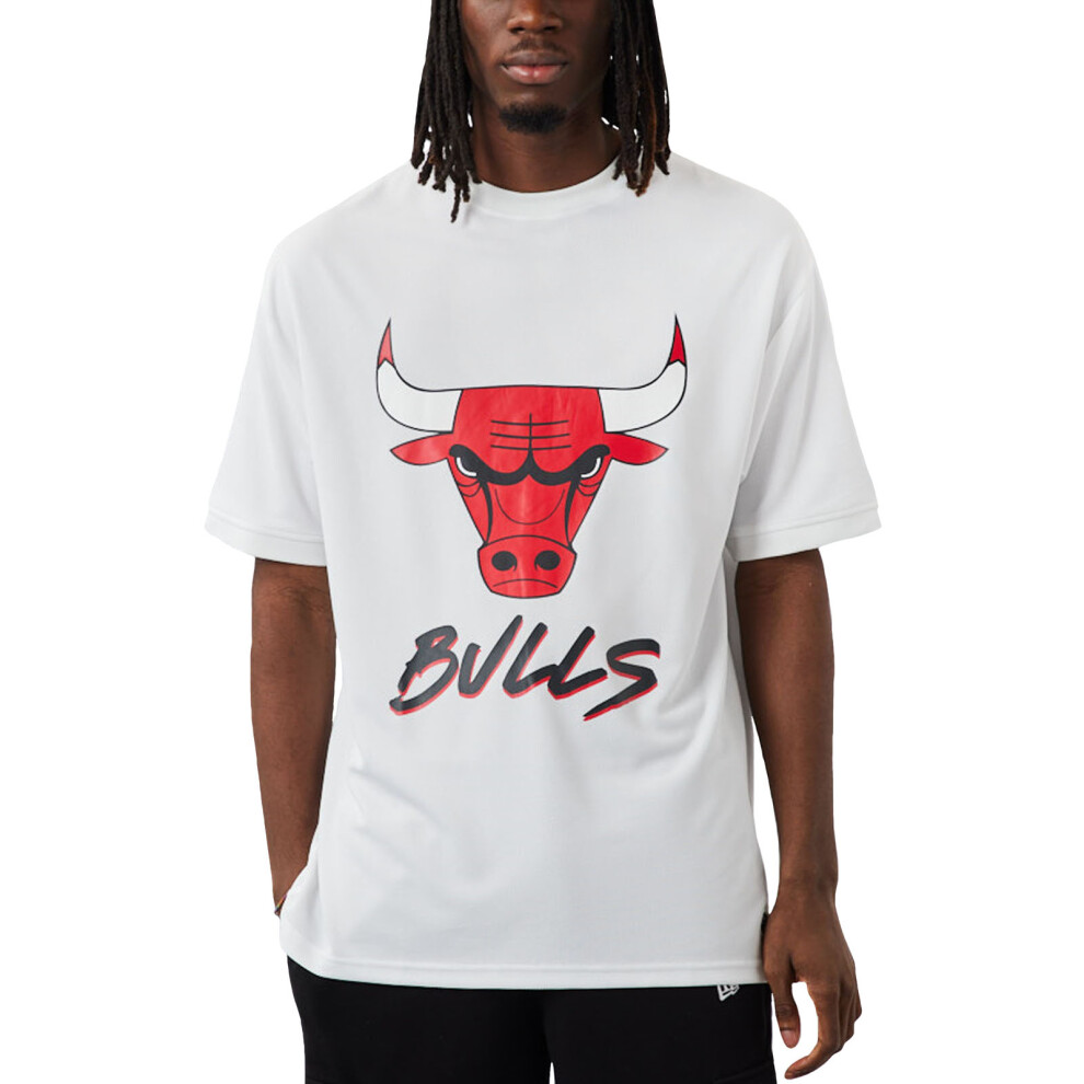 (S, White) New Era Mens Chicago Bulls NBA Script Short Sleeve T-Shirt Tee Top - White