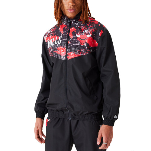 New Era (L, Black) New Era Mens Chicago Bulls All Over Pattern Panel Track Jacket Top - Black