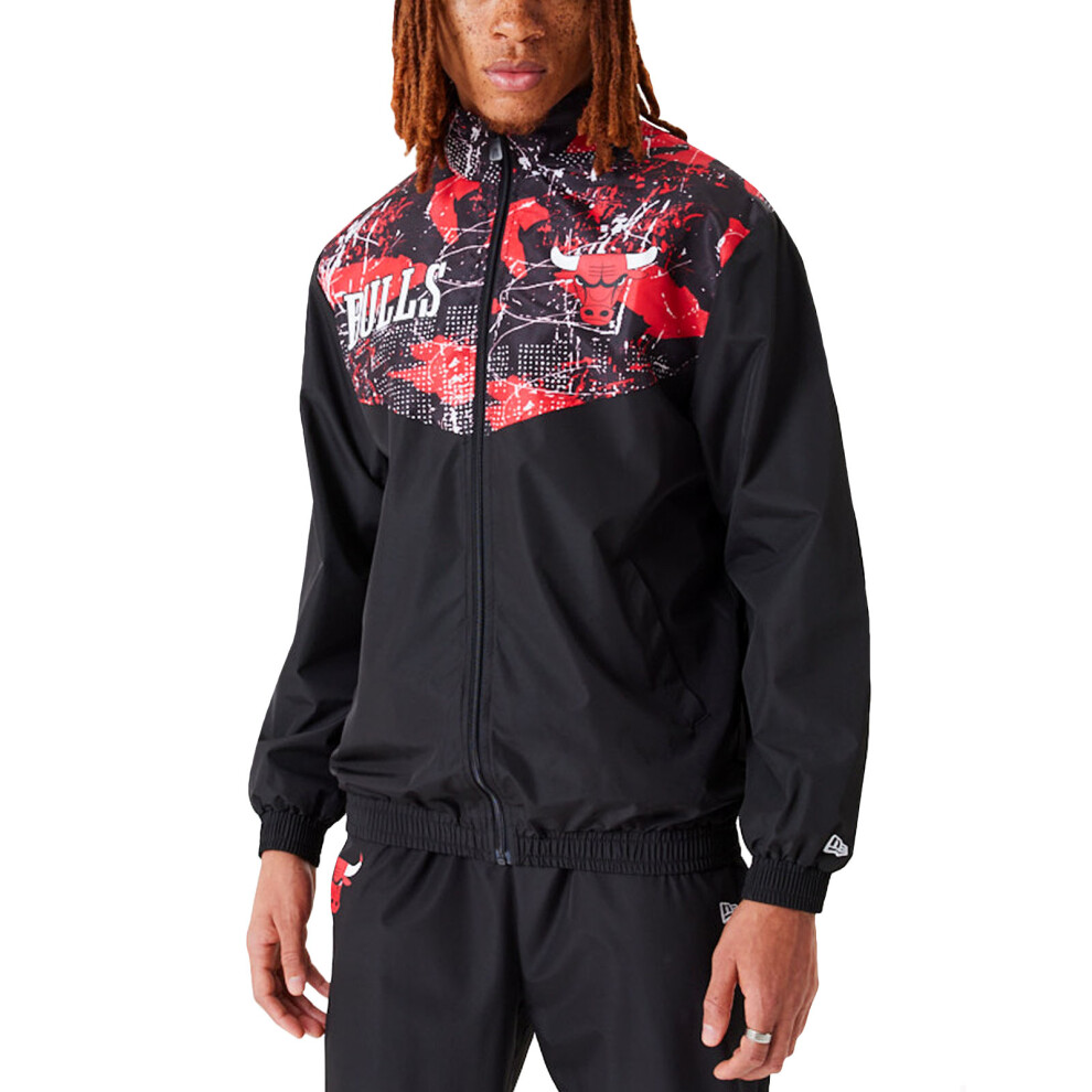 (L, Black) New Era Mens Chicago Bulls All Over Pattern Panel Track Jacket Top - Black
