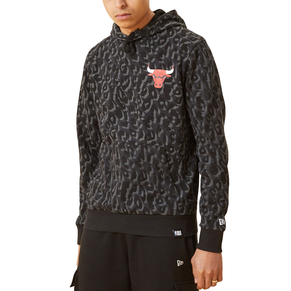 (M, Grey) New Era Mens Chicago Bulls NBA Leopard Print Sweatshirt Hoodie - Grey