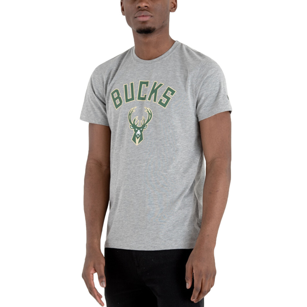 (4XL, Grey) New Era Mens Milwaukee Bucks Team Logo Crew Neck T-Shirt Top Tee - Grey