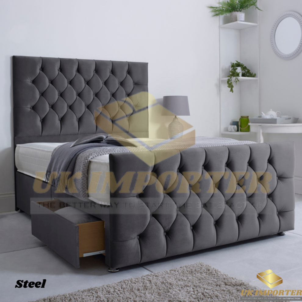 (Single (with 2 Drawers), Steel Plush (without Mattress)) PLUSH DIVAN BED SET WITH MATTRESS 54" CHESTERFIELD HEADBOARD&FOOTBOARD ALL SIZES