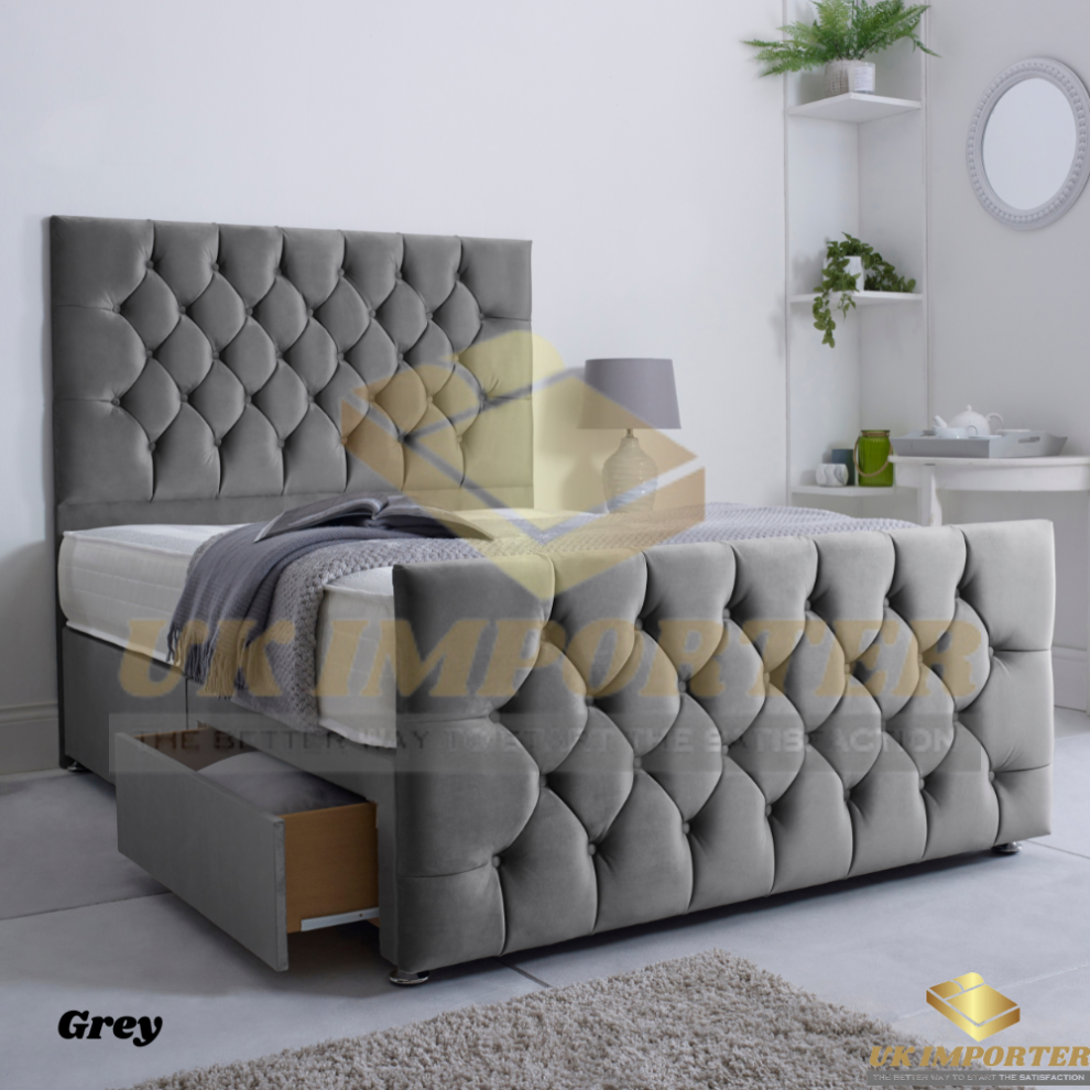 (Super King (without Drawer), Grey Plush (without Mattress)) PLUSH DIVAN BED SET WITH MATTRESS 54" CHESTERFIELD HEADBOARD&FOOTBOARD ALL SIZES