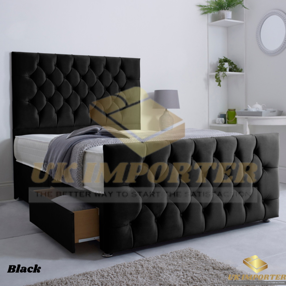 (Double (without Drawer), Black Plush (without Mattress)) PLUSH DIVAN BED SET WITH MATTRESS 54" CHESTERFIELD HEADBOARD&FOOTBOARD ALL SIZES