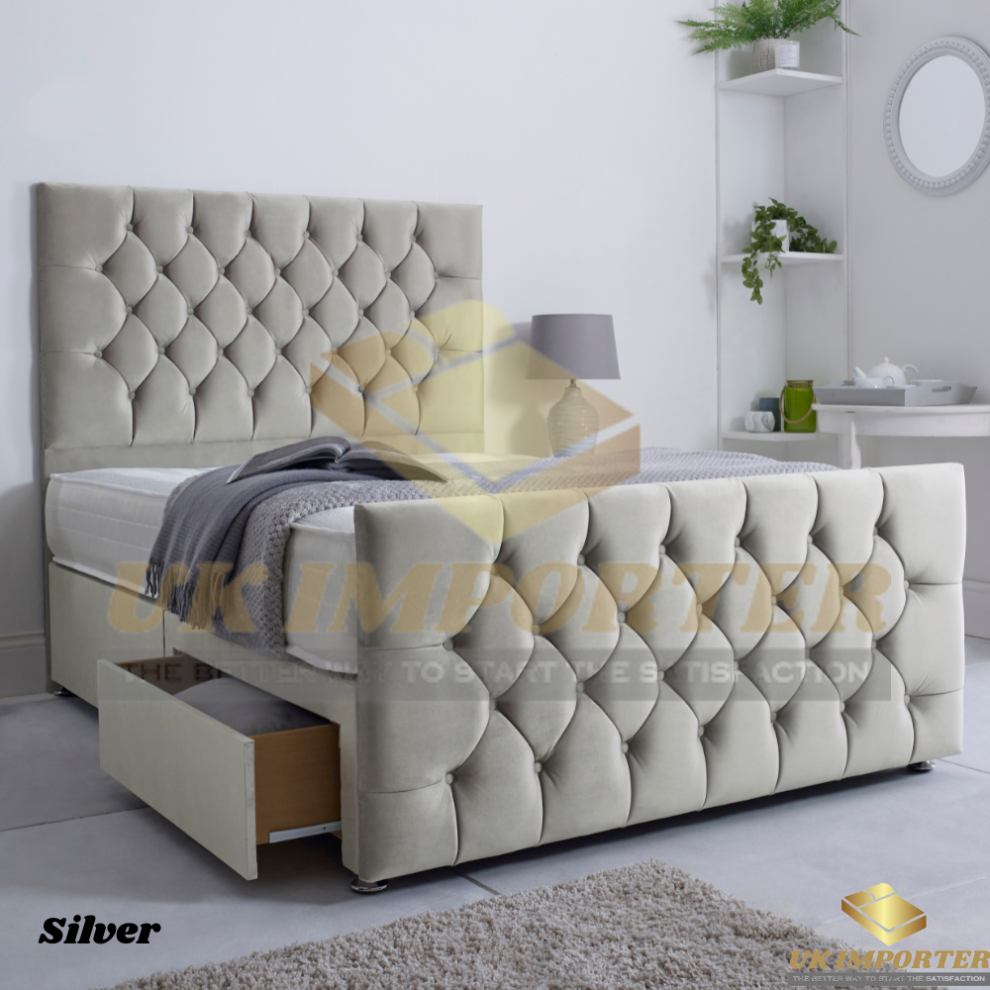 (King (without Drawer), Silver Plush (with Mattress)) PLUSH DIVAN BED SET WITH MATTRESS 54" CHESTERFIELD HEADBOARD&FOOTBOARD ALL SIZES