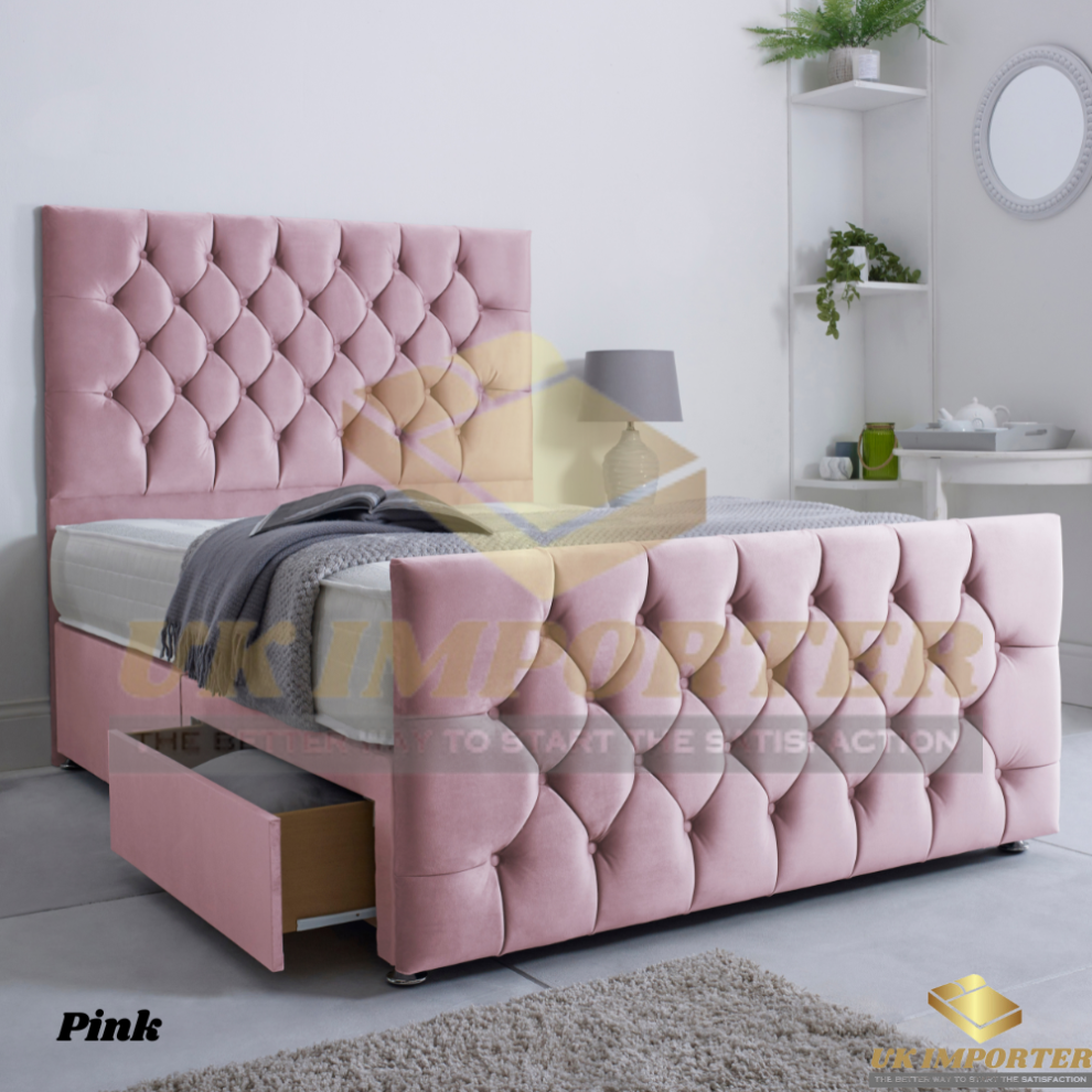 ( Small Double (without Drawer), Pink Plush (with Mattress)) PLUSH DIVAN BED SET WITH MATTRESS 54" CHESTERFIELD HEADBOARD&FOOTBOARD ALL SIZES