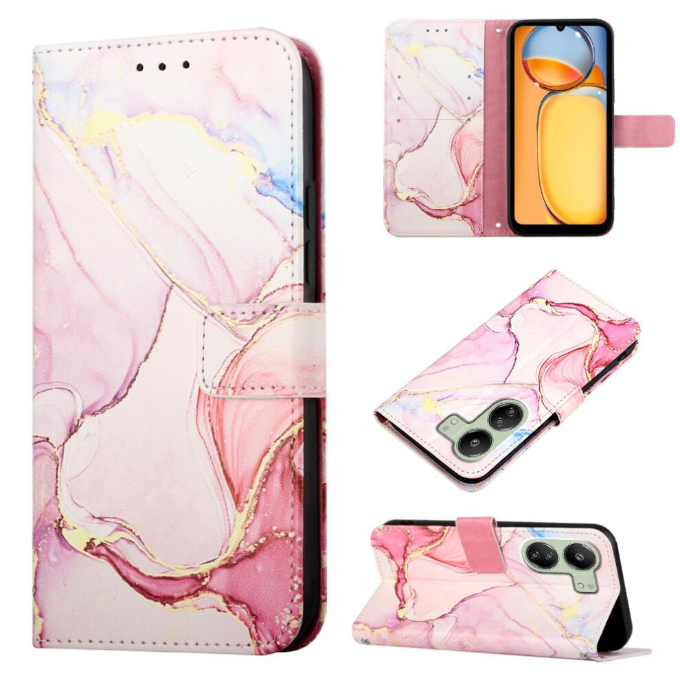 (Pink) Case For Xiaomi Redmi 13C 4G Kickstand Pu Leather Marble Pattern Wallet Pink 764762587635