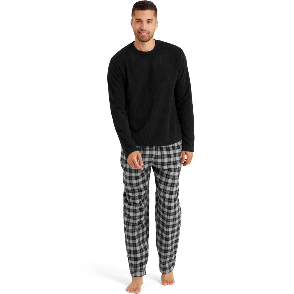 (3XL, Black/Charcoal) Snuggaroo Mens Soft Fleece Pyjamas Set PJs Long Sleeve Top Checked Bottoms