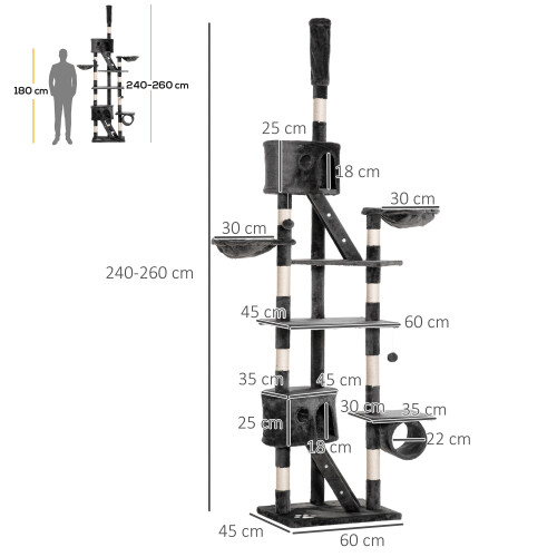 PawHut PawHut Kitten Tower Adjustable 240-260cm, Scratch Posts, Houses, Light Grey 1