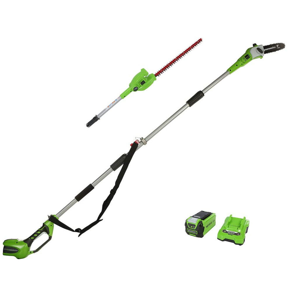 Greenworks Cordless 2-in-1 Pole Saw and Pole Hedge Trimmer with Shoulder Strap, Pole Saw 20cm Bar, Trimmer 51cm Dual Action Blades