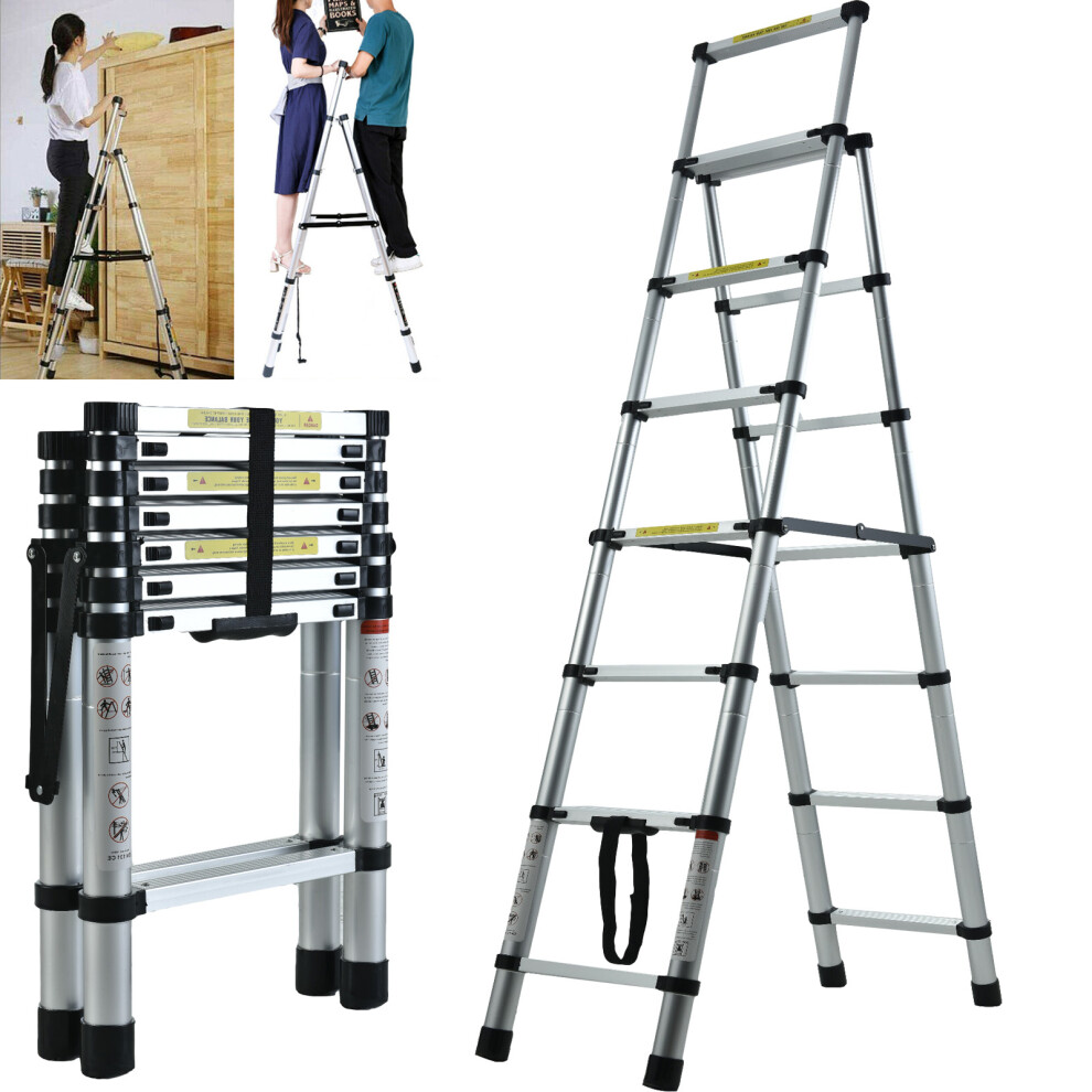 (6+7 Step Ladder) Telescopic Extension Folding Step Ladder Aluminum Telescoping Stepladder Multi-Use for Indoor Outdoor Home Kitchen Window Clean Household